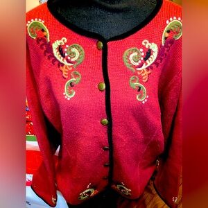 Vintage extra large, button-down, red paisley embroidered cardigan sweater wool